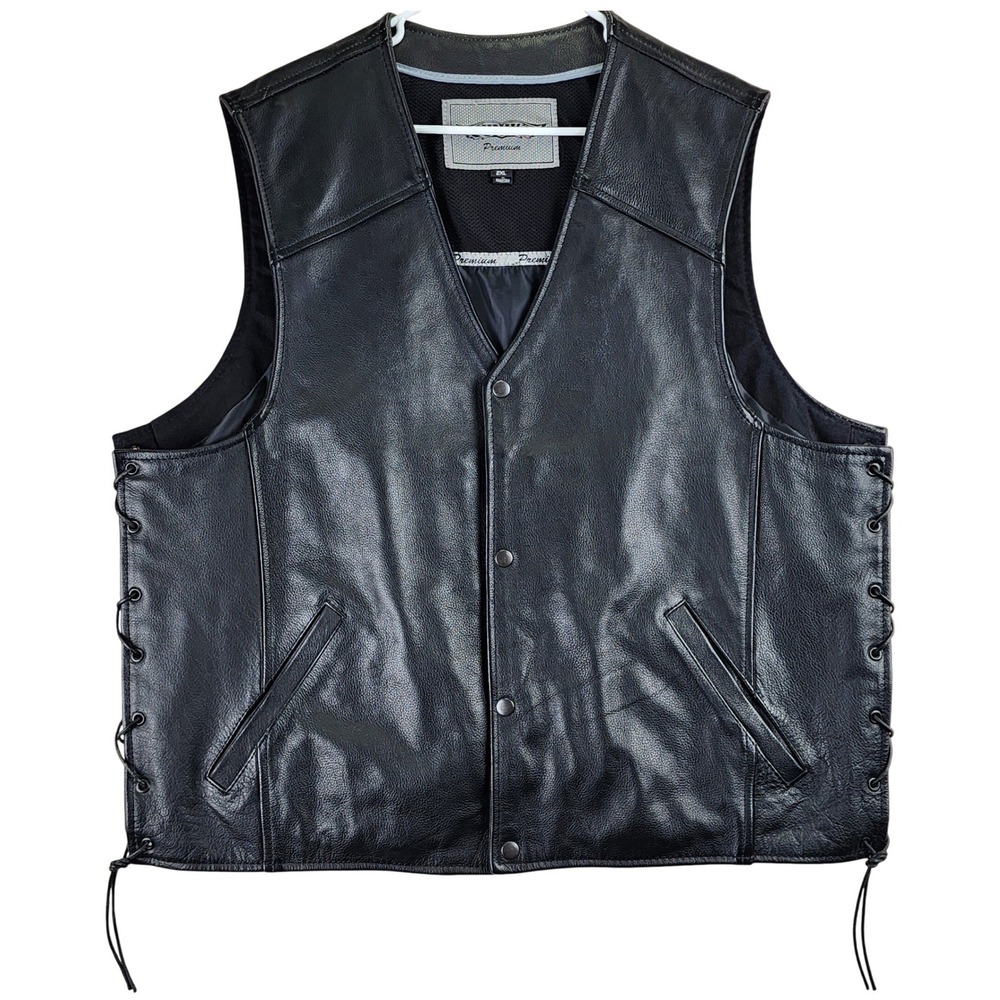 Unik Premium Leather Biker Vest‎ Mens 2XL Black Side Lace Snap Front Motorcycle
